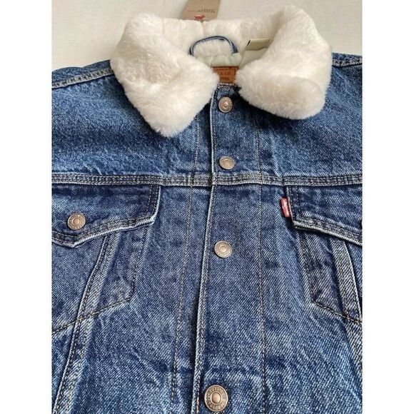 Levi's Women’s Cozy Faux Fur Collar Ex-Boyfriend Trucker Denim Jacket Sz XL NWT - Picture 3 of 11